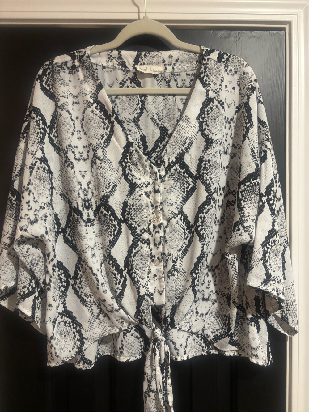Peach Love California Black & White Snake-Print Tie Front Blouse